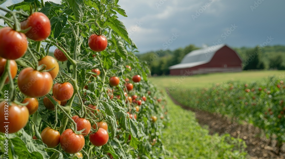 Poster a farm field with rows of cherry tomatoes ready for harvest, with a barn in the background.