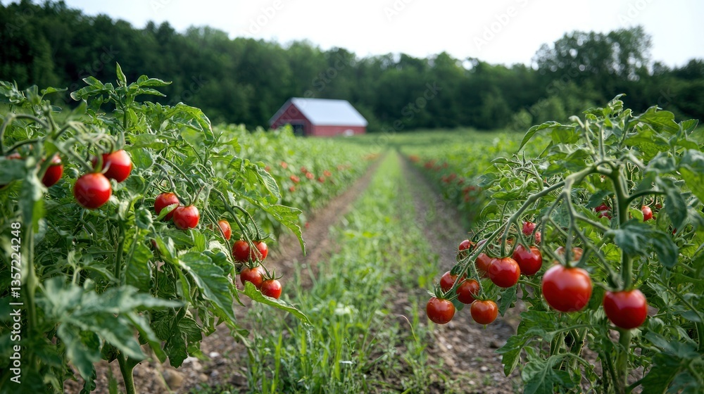 Poster A farm field with rows of cherry tomatoes ready for harvest, with a barn in the background. 