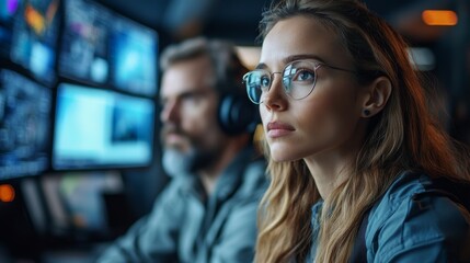 Dedicated team members engage in monitoring and managing logistics operations, analyzing data on large screens, ensuring efficient inventory handling.