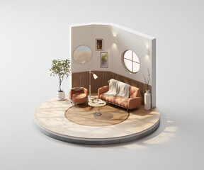 Isometric view round living room muji style open inside interior architecture 3d rendering