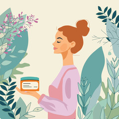 Tropical Skincare Concept – Red-Haired Woman Holding Natural Cosmetic Product, Palm Leaf Background