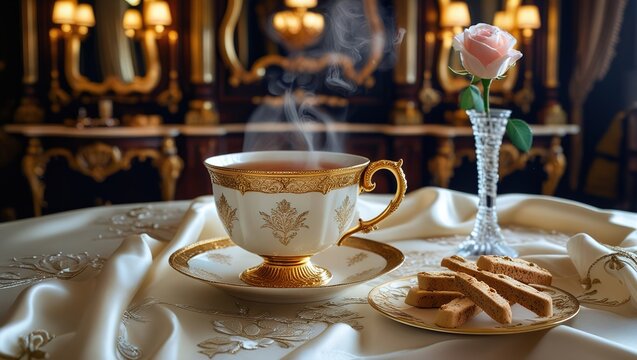 cup of tea on dinning table with rusk ai