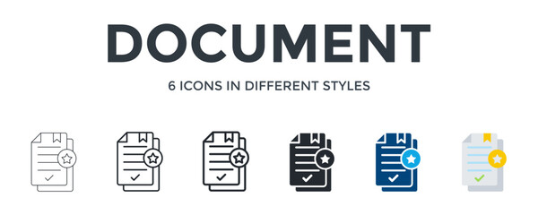 Document Icon In Different Style Vector Illustration. Designed In Thin Line, Regular Line, Bold Line, Glyph, Color Fill, And Flat Style Can Be Used For Web