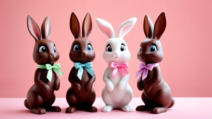 Fototapeta premium A group of chocolate bunnies sitting next to each other on a pink surface.