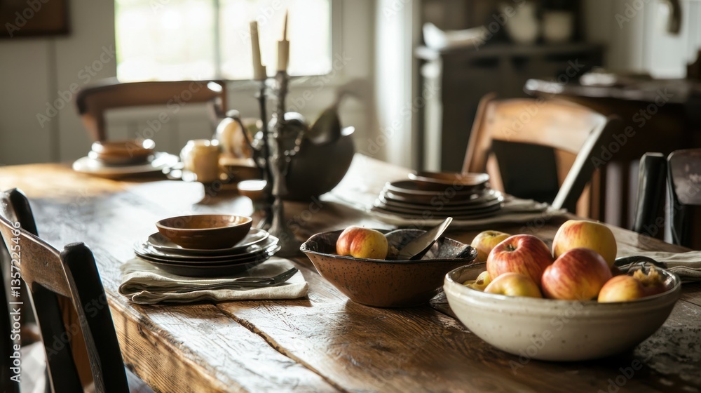 Poster a farmhouse-style table with apple crisp served in small individual bowls.