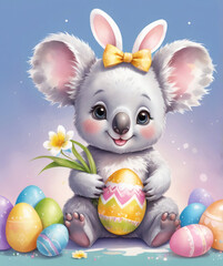 Cute koala holding an Easter egg surrounded by colorful eggs and flowers in a whimsical setting
