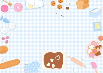 Bakery and baking utensils on plaid background