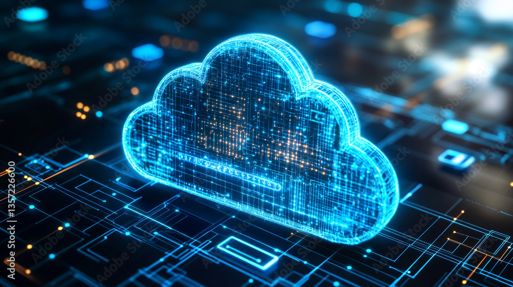 Poster digital cloud computing illustration with circuit board and glowing blue light effect background