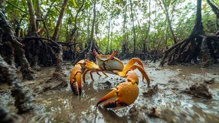 A fiddler crab waving its large claw in a muddy mangrove area. 