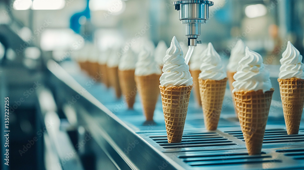 Poster automated ice cream cone filling process. close-up on a factory machine automatically filling waffle