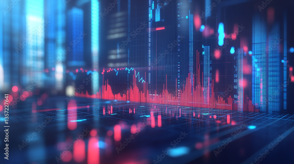 Poster abstract background featuring financial data charts in red and blue with a grid overlay