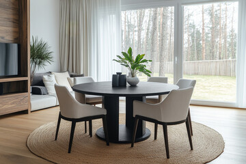 Fototapeta premium a modern living room with a dining table and a scenic view