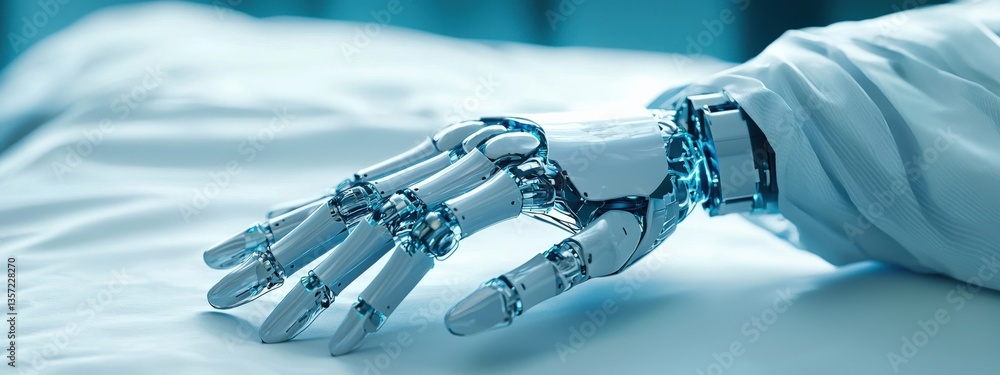 Poster futuristic robotic hand on soft surface in high-tech environment