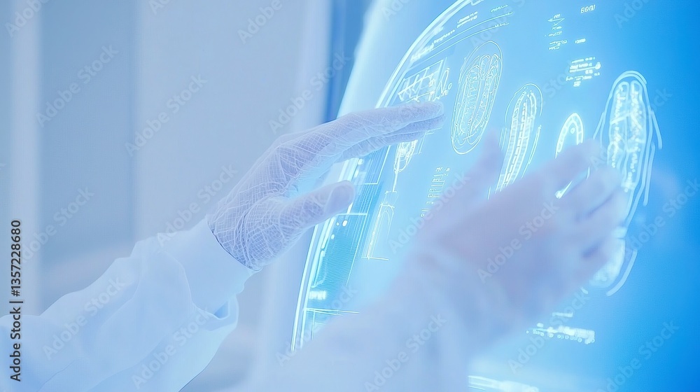 Poster digital health record integration, clinician engaging with an advanced device displaying intricate h