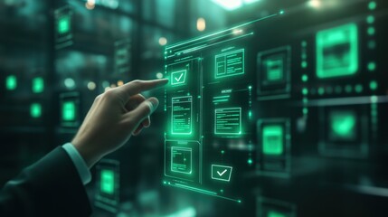 Obraz premium A business professional in a black suit interacting with a futuristic holographic checklist interface. The person is tapping on a glowing checkbox, marking tasks as completed.