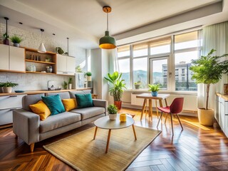 Fototapeta premium Cozy Studio Apartment Interior Design: Sunlight Streaming Through Large Window, Modern Minimalist Decor