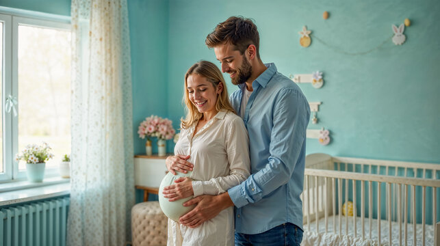 un couple de futurs parents dans la chambre de bébé