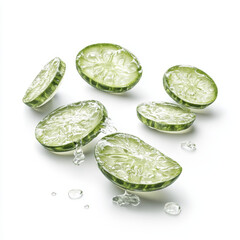 Obraz premium a scattering of pale green cucumber slices with watery surfaces isolated on white background, full depth of field