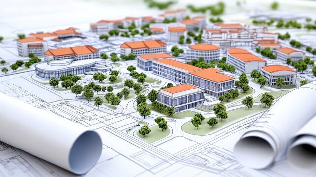 A detailed architectural model showcases a planned community with buildings, greenery, and pathways, emphasizing design and layout.