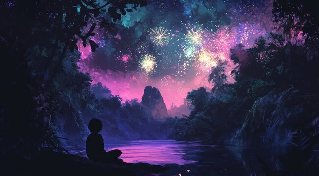 A person observes colorful fireworks over a tranquil landscape at night