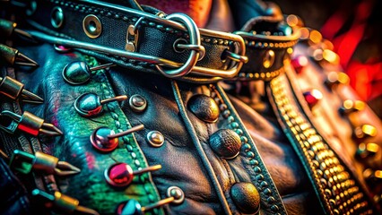 Naklejka premium Macro Close-up of Rebellious Punk Style Details: Spiked Collar, Safety Pins, Leather