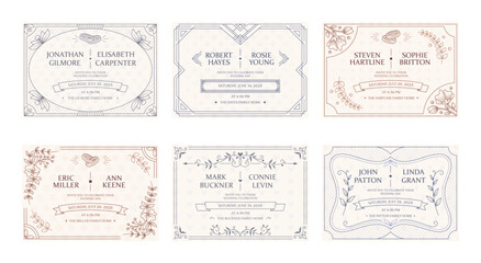 Invitation certificate of wedding with elegant frame, bride groom names and ceremony date lettering