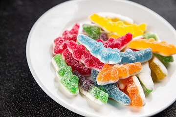 Jelly candy sweet dish fresh delicious gourmet food background on table rustic food top view copy space vegetarian and vegan food