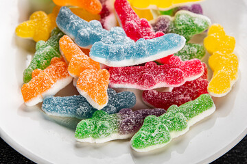 Jelly candy sweet dish fresh delicious gourmet food background on table rustic food top view copy...