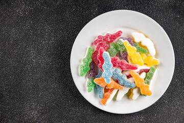 Jelly candy sweet dish fresh delicious gourmet food background on table rustic food top view copy space vegetarian and vegan food