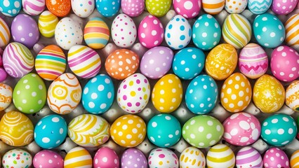 Fototapeta premium A large group of brightly colored easter eggs with white polka dots.