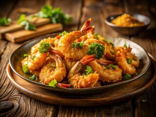Fototapeta premium Crispy Fried Shrimp Plate: Delicious Seafood Dish, Close-Up Photography