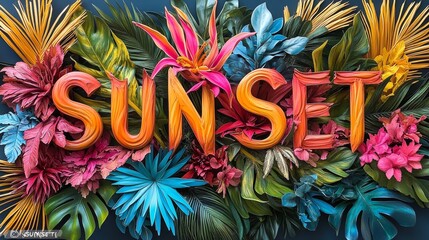 Vibrant Tropical Sunset Colorful 3D Floral Typography Art Against a Textured Navy Blue Background