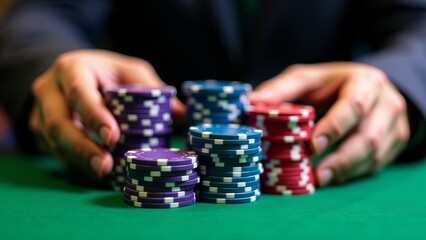 Naklejka premium Stacks Of Poker Chips On Green Table