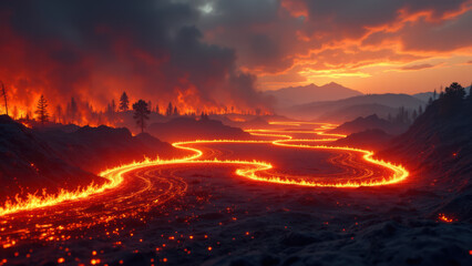 A firefighter's eye view of a wildfire with lava-like flames consuming trees at sunset.