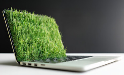 Ordinateur portable avec écran recouvert d'herbe, concept écologique minimaliste.