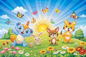 Cute Cartoon Animals Playing in Sunny Meadow - Nature Stock Photo