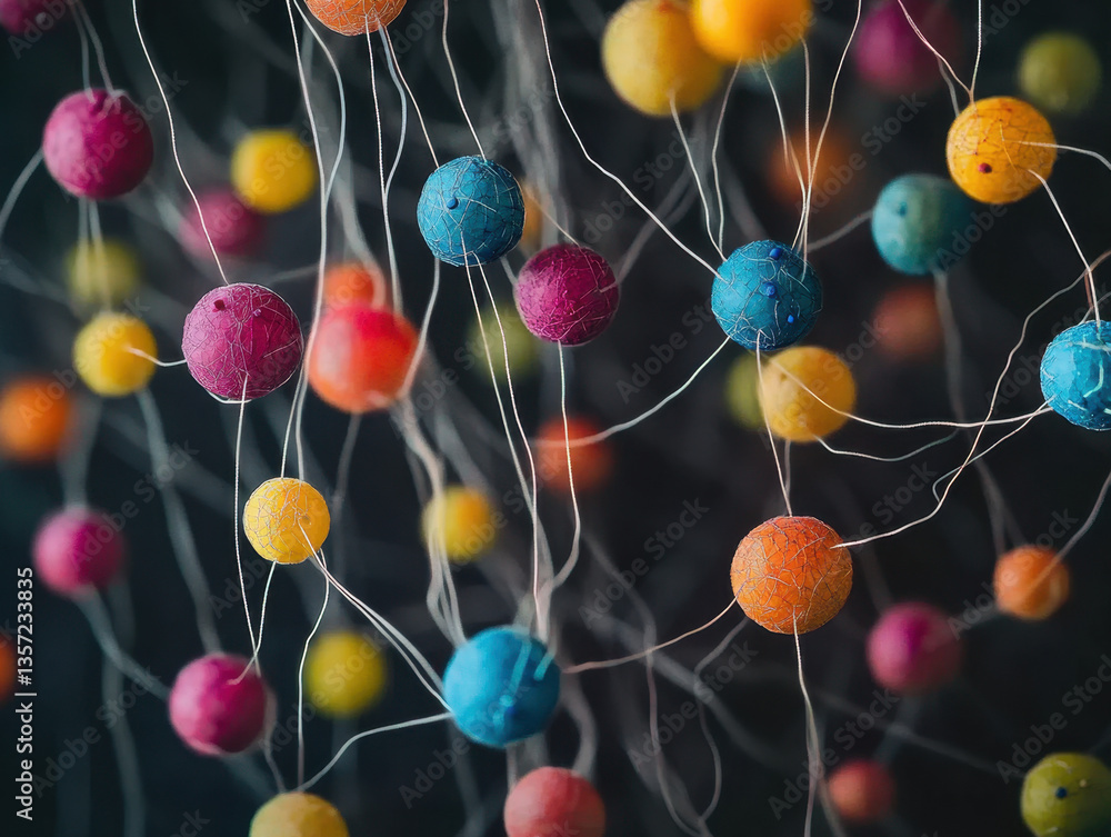 Aufkleber a vibrant arrangement of colored spheres connected by delicate threads creates a striking visual dis