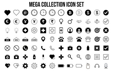 Mega Collection Icon Set, Black and White Symbols, Business and Technology Icons, Currency and Medical Symbols, User Interface Elements, Communication and Navigation Icons.
