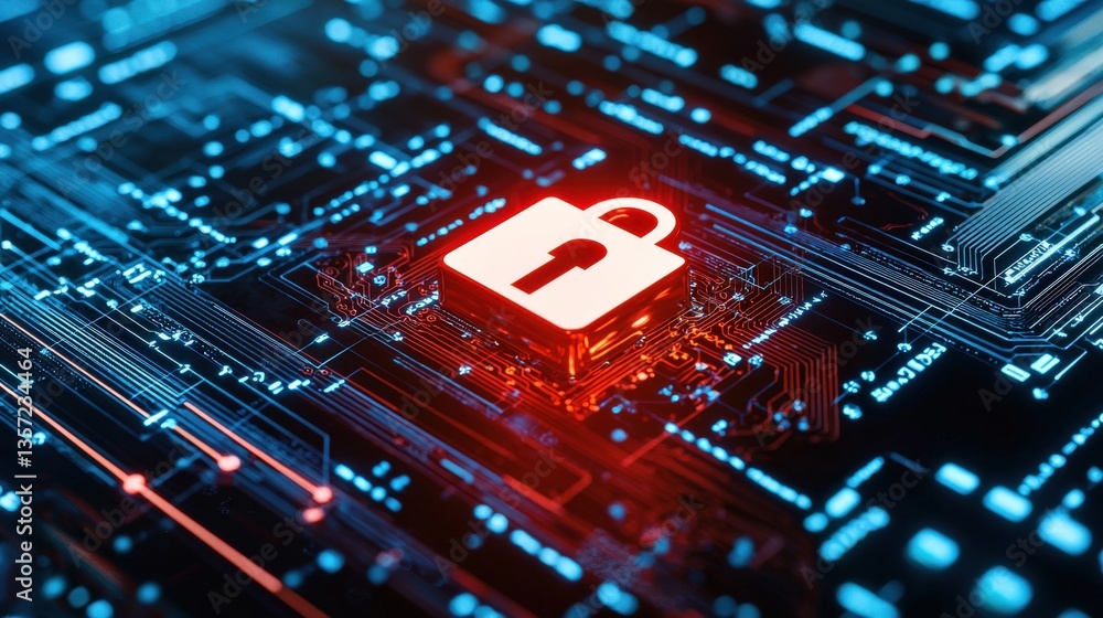Poster digital security concept with lock symbol on circuit board background