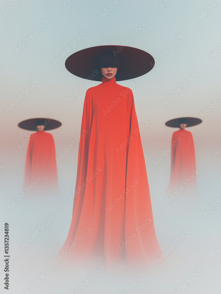 Poster mysterious figures: a conceptual portrait capturing three figures in elegant red capes and wide-brim