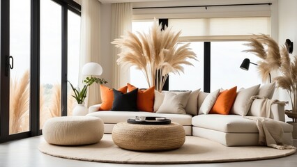 Minimalist living room with a white sectional sofa adorned with contrasting orange and neutral-toned pillows