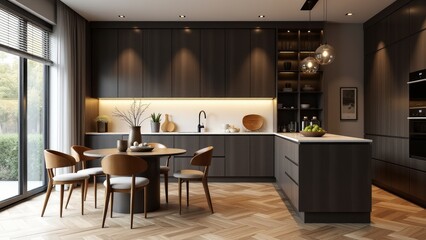 Modern Kitchen With Dark Cabinets And Island
