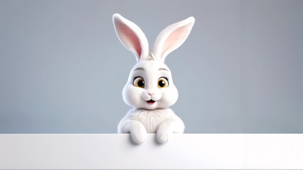 A white rabbit peeking over a blank sign.