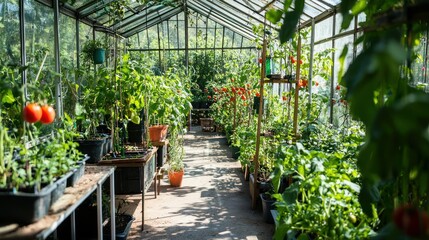 A greenhouse filled with cherry tomato vines hanging from overhead trellises. 