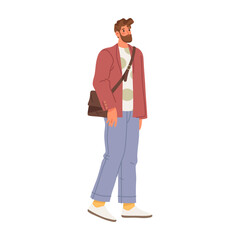 Walking man with bag, isolated strolling positive cheerful male personage with beard. Vector student wearing casual style clothes. Wandering or hanging out guy, pedestrian or casual citizen