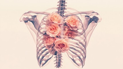 Naklejka premium A surreal X-ray illustration of a human ribcage, intricately detailed with soft, translucent bone structure. Inside the chest cavity, delicate roses in shades of peach and pink bloom