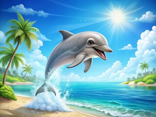 Cute Cartoon Dolphin Playing in Ocean Landscape, Sunny Day, Happy Animal