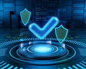 Digital Fortress: Futuristic depiction of a glowing checkmark with surrounding shields, representing secure data transmission, cyber security and protection of confidential information.