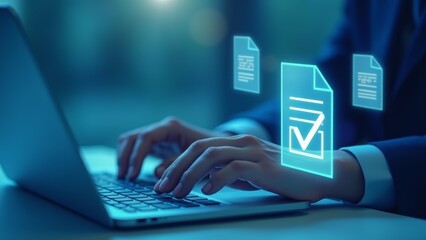 Obraz premium Online Document Approval Using Laptop Computer