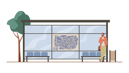 Sheltered bus stop or public transport station with board showing route information. Vector isolated man personage passenger waiting for vehicle leading wall. City infrastructure and commuting